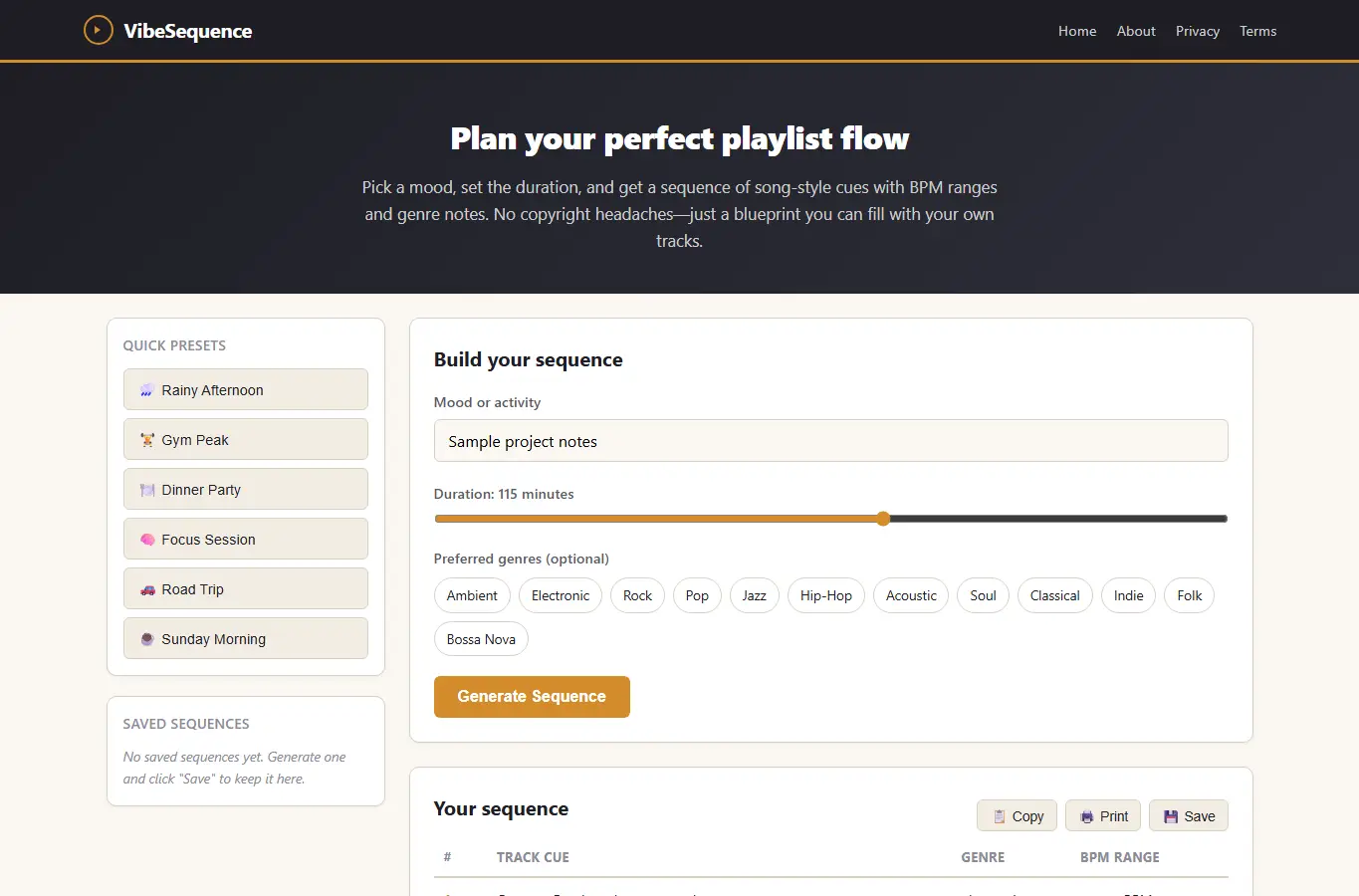 Screenshot of VibeSequence: Mood-Based Playlist Generator interface showing the project page in use